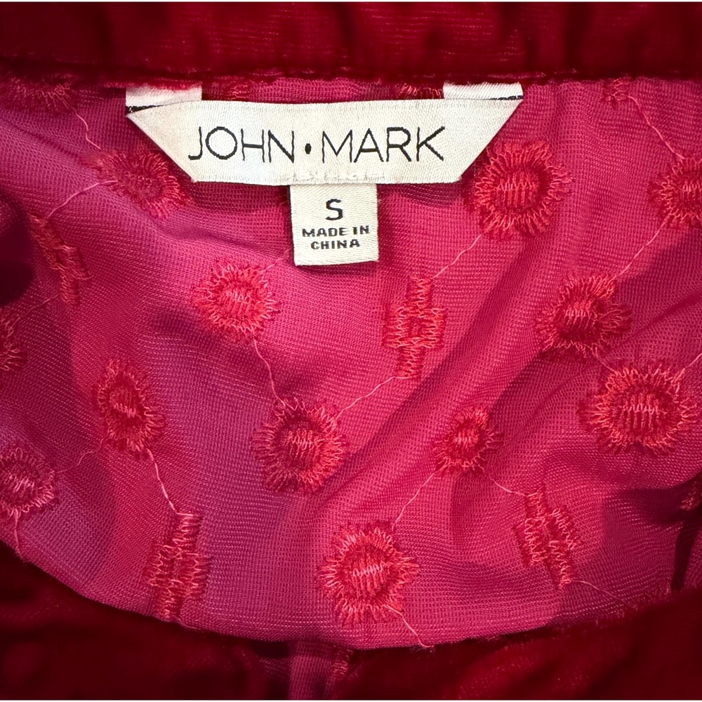 John Mark Red Velvet Embroidered Tunic Top Sm Roll Tab Sleeve Boho Boutique NWT - Picture 5 of 9